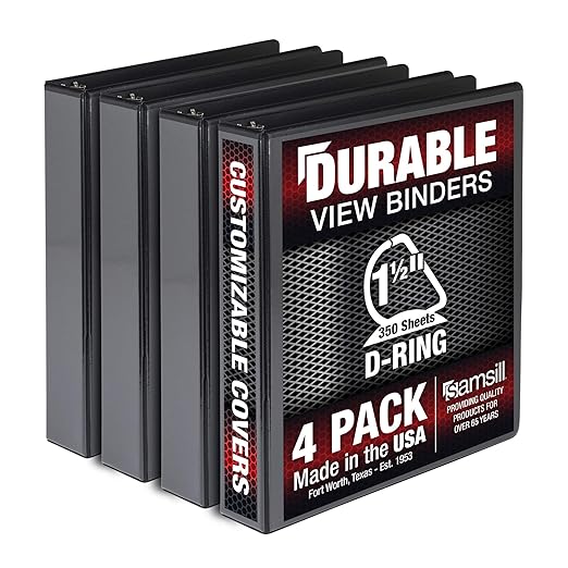 Samsill Durable 1.5 inch 3 Ring Binder, Made in USA, D Ring Binder, FSC 100% Recycled Chipboard, Black, 4 Pack