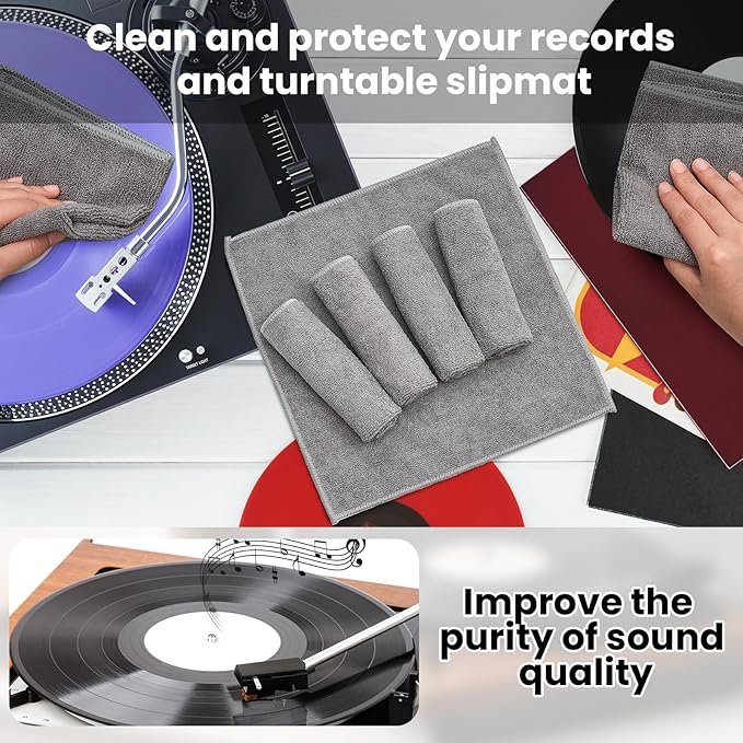 Honeydak 8 Pack Microfiber Record Cleaning Cloth, 12" x 12" Reuseable Anti Static Towels for Glasses, TV Screen, Laptop, Musical Instrument, Ultra Absorbent, Lint Free, Streak Free(Gray)