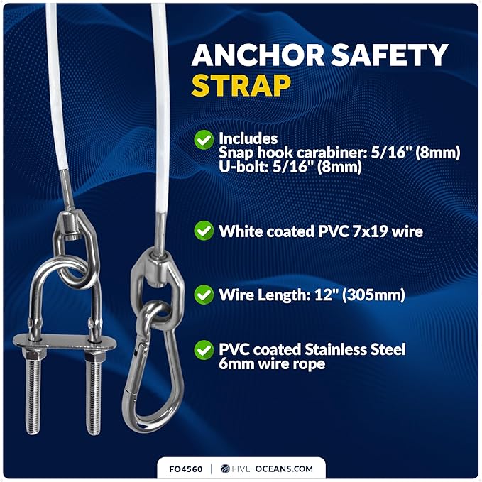 Five Oceans 12-Inch Anchor Safety Straps, Heavy Duty 7x19 PVC Coated Stainless Steel 6mm Wire Rope, Includes 5/16-Inch Carabiner Snap Hook and 5/16-Inch U-Bolt - FO4560