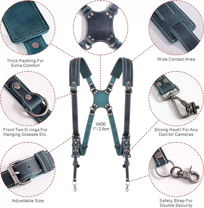 Padwa Lifestyle Dark Green Dual Camera Harness Strap for Two Cameras - Double Shoulder Full Grain Leather Harness,Multi Double Camera Gear with Thick Padded,Double Camera Harness for Photographers