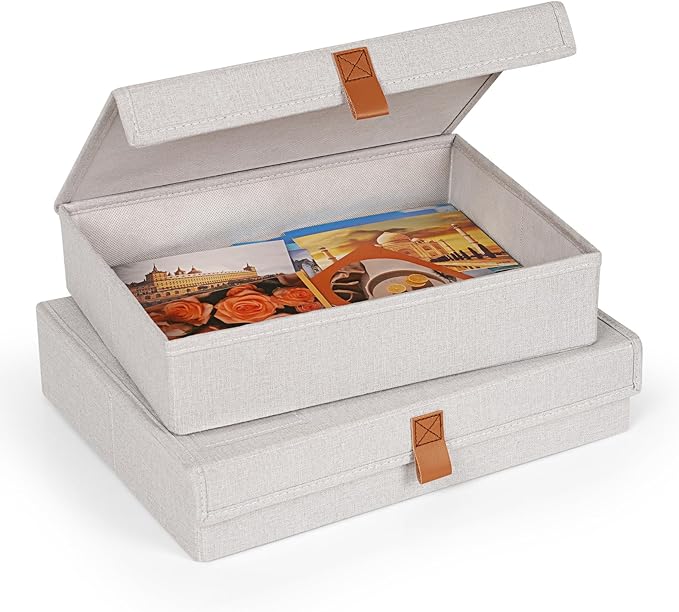 Flenpptly Decorative Photo Storage Box, Photo Boxes Storage with Lids Keepsake Box to Store Pictures, Envelope, Scrapbook Supplies Comes with Business Card Frame to Mark (Large+Small)