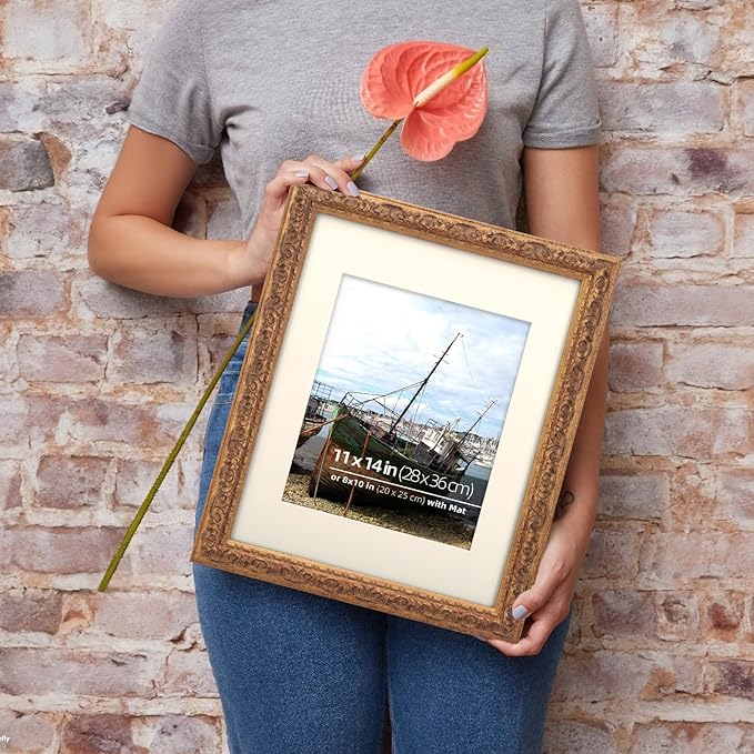 11x14 in Distressed Rustic Gold Wood Vintage Farmhouse Picture Frame, Museum Grade Off White Mat for8x10 Photos, Real Glass Protection, Wall Hanging Photo Display, Antique Gold