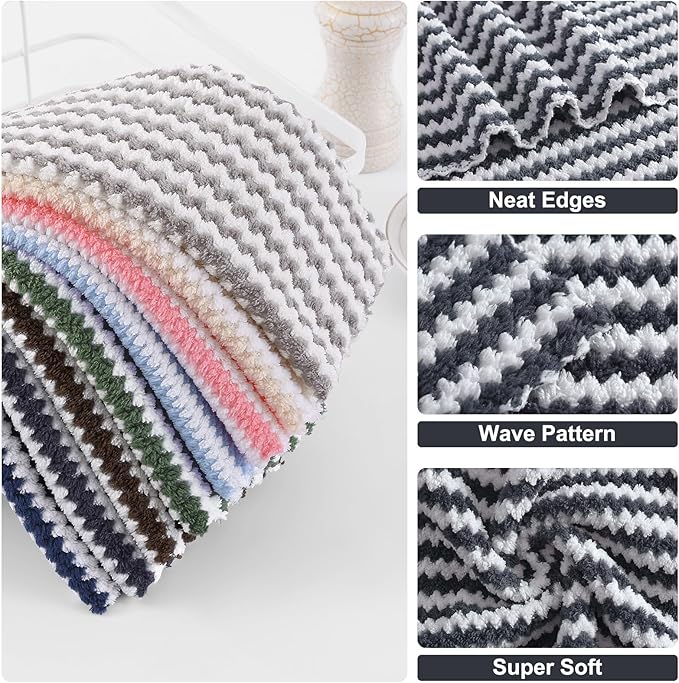 Homaxy 18 Pack Kitchen Dish Cloths, Ultra Soft and Absorbent Dish Towels, Reusable Fast Drying Microfiber Cleaning Cloth, Coral Velvet Wave Design No-lint, 10 x 10 inches, Dark Grey/Navy Blue/Beige
