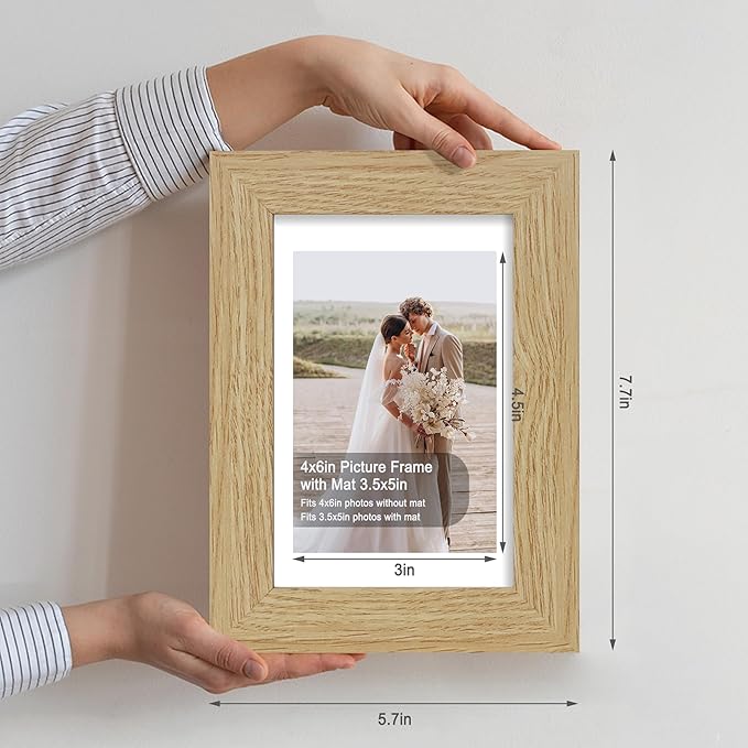 4x6 Picture Frame Set of 4, Made of Real Glass and Natural Oak Wooden Frame, 4 by 6 Photo for Wall or Tabletop - Display Picture 3.5x5 with Mat or 4x6 Without Mat