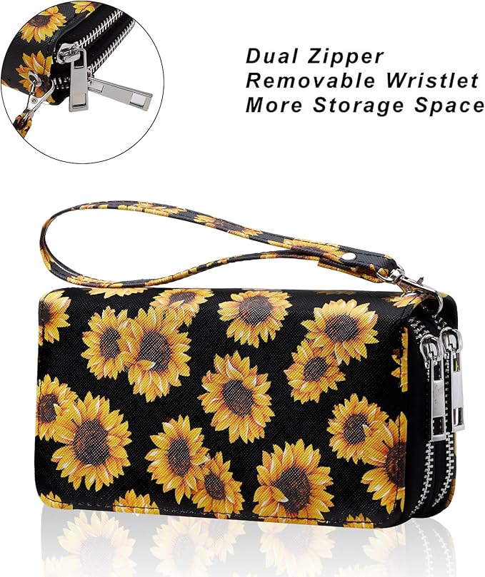 Cellphone Wallet for Women Dual Zipper Long Purse with Removable Wristlet