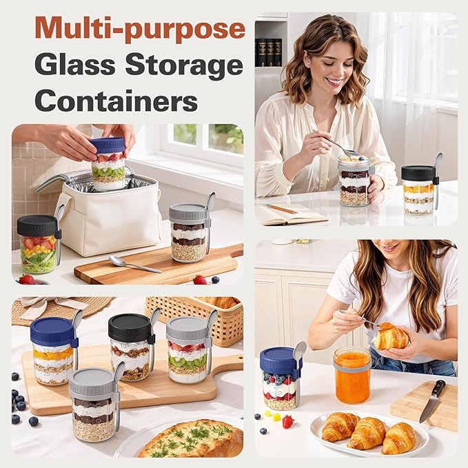 Cozyverge 6 Pack Overnight Oats Containers with Lids and Spoons, 16 oz Airtight Oatmeal Container with Measurement Marks, Overnight Oats Jars Large Capacity Airtight Jars for Milk, Cereal, Fruit