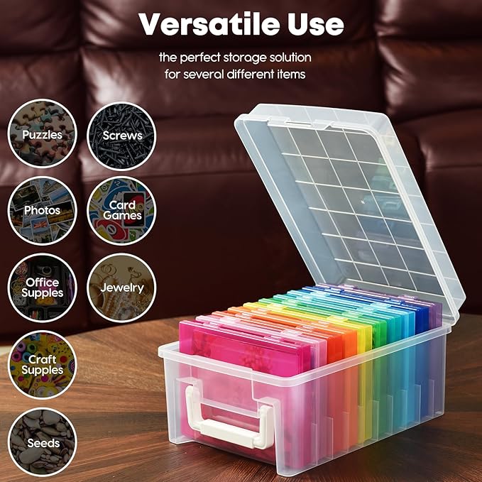 ALINK Photo Storage Box 5 x 7 In Photo Case, 10 Inner Large Photo Keeper, Photo Storage Container, Seed Craft Cards Pictures Organizer, Plastic Office Organizer with Sticker - Colored