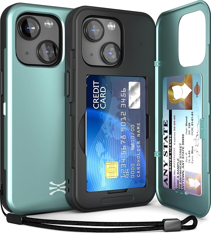 TORU for iPhone 15 Wallet Case with Card Holder, Hidden ID Credit Card Slot Flip Kickstand, Slim Fit Shockproof Heavy Duty Phone Cover with Strap - Green