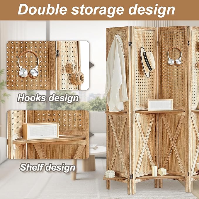 4 Panel Pegboard Display with 16 Hooks, Wooden Pegboard Room Divider Wall with Shelf, Partition Room Dividers and Folding Privacy Screens, Bedroom, Jewelry Store, Natural