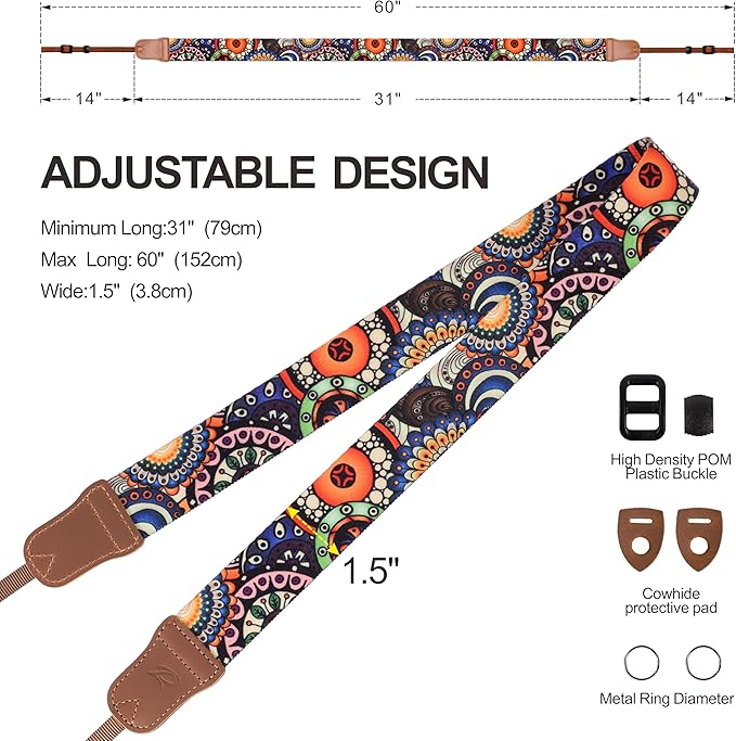 Padwa Lifestyle Camera Strap - 1.5" Soft Nylon Print Crazy Horse Cowhide Head Camera Straps for Photographers and All Cameras,Cute Adjustable Vintage Woven Strap for Adults & Kids(Bohemian Bloom)