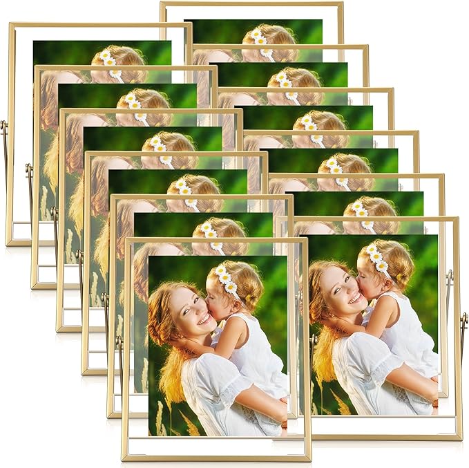 Hoteam 12 Pack 8 x 10 Inch Gold Floating Frame for Photo 6 x 8 Inch, Glass Floating Picture Frame Collection Vintage Metal Minimal Ornate Easel for Wedding Gift Pictures Photos Desk Tabletop Display