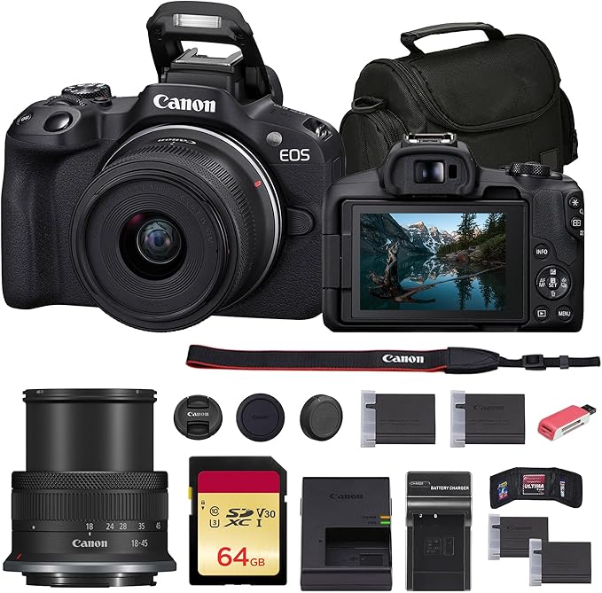 Canon EOS R50 Mirrorless Camera with 18-45mm Lens (Black) (5811C012) + 64GB Memory Card + Bag + Charger + LPE17 Battery + Card Reader + Memory Wallet + Cleaning Kit