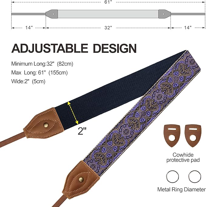 Padwa Lifestyle 2" Wide Classic Crazy Horse Art Cowhide Head Camera Strap - Jacquard Embroidery Floral Vintage Camera Straps for Photographers Gift, Adjustable Shoulder Neck Strap Fits DSLR Cameras