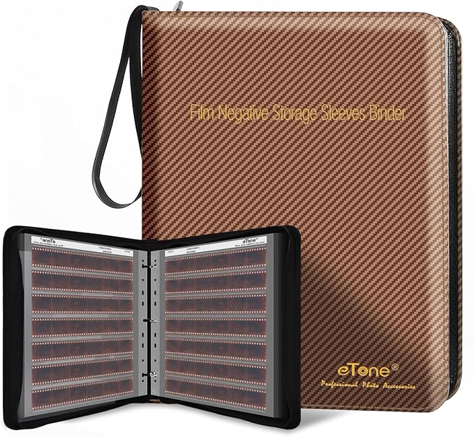 eTone Film Negative Storage Album, Black PU Leather, 50 35mm Acid-Free Sleeves, Triple Ring Binder Box, 13.18x7.08x1.96 Inch (Brown)