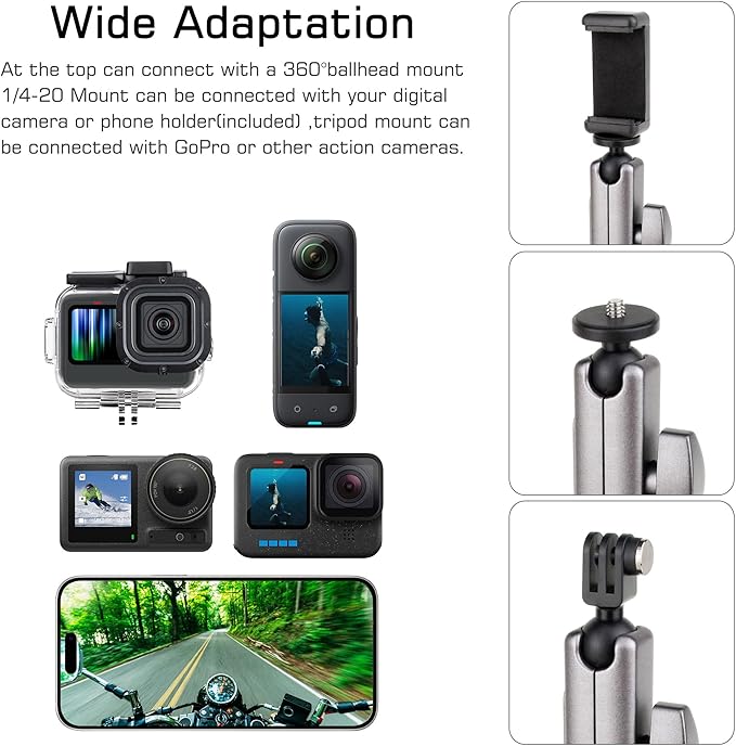 GEPULY Super Camera Clamp Mount for GoPro Insta360 - Dual 360° Ball Head Magic Arm Adapters with 1/4''-20 Screw, Phone Tripod Holder Mount for Bike Handlebar Fence Desk Tree Pole LED Light