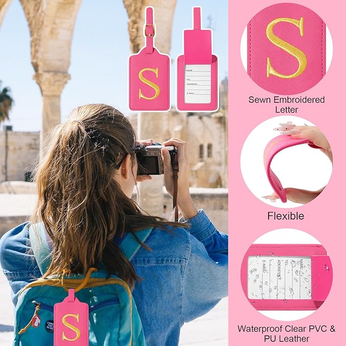 Personalized Initial Luggage Tags for Suitcases, Cute PU Leather Embroidered Letter Travel Luggage Tags, Suitcase Identifier Name Baggage Tag, Bag Tags for Men Women Kids Luggage Handbags(Rosered S)