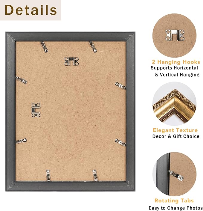 11x14 Vintage Picture Frame with 8x10 Mat Set of 2, Elegant Retro 11 by 14 Photo Frame with Shatter-Resistant Plexiglass for Wall Hanging, Gallery Decor & Gift, Gold, 2 Pack