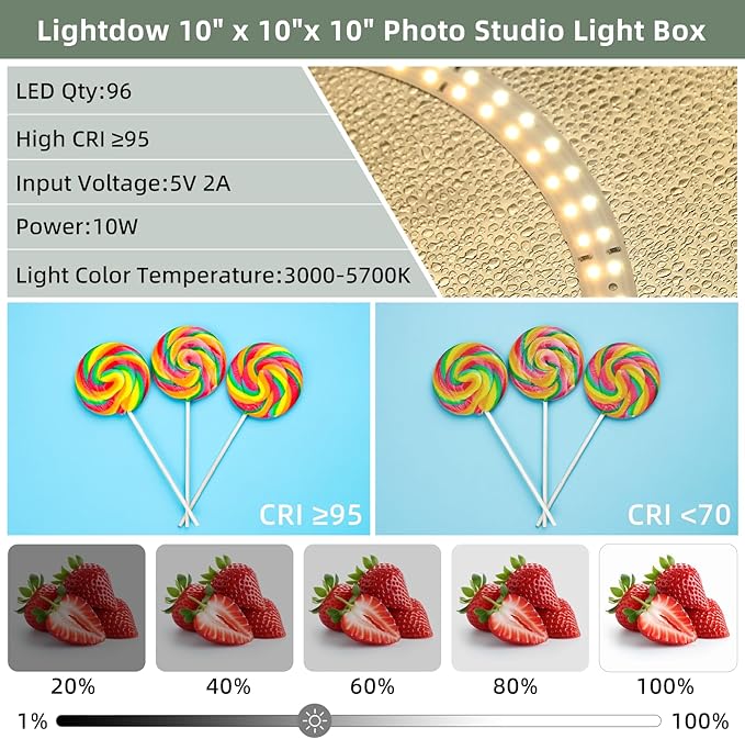 Lightdow 10"x10"x10" Photo Studio Light Box Photography with 96 LEDs (CRI>95), 6 Backdrops - Portable/Dimmable/Versatile Folding Shooting Tents for Toys/Jewelry/Watches/Cosmetics Photography