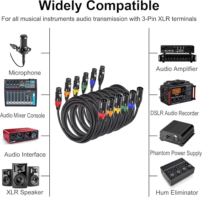 XLR Microphone Cables 1 ft Short 6 Packs -Premium XLR Jumpers Male to Female Color Coded, 3 Pin Balanced,1 Foot/12 inch