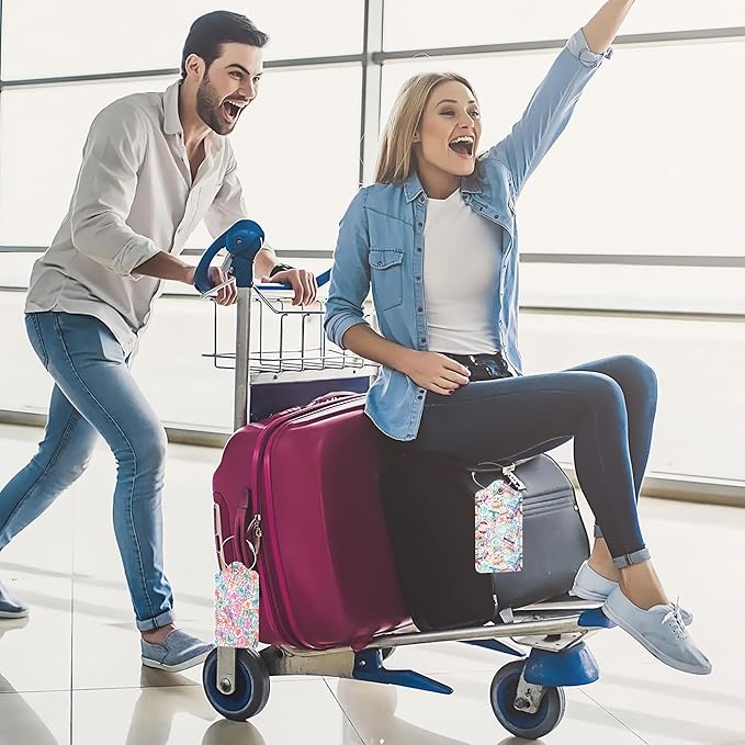 Travel Stamp 2 Pack PU Leather Luggage Tags with Stainless Steel Loop, Funny Retro Labels for Quick Spotting with Privacy Cover ID Label