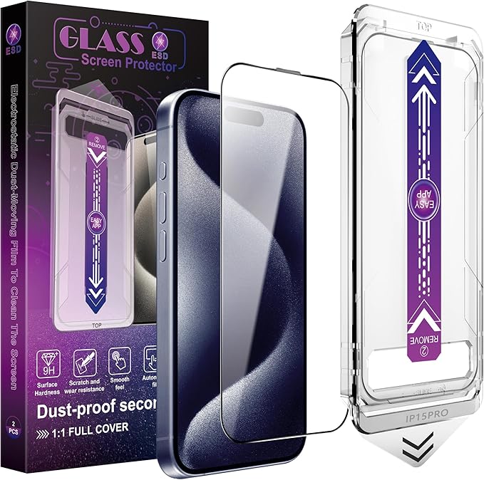 CHRYSHA 2 Pack Screen Protector for iPhone 15 Pro, 9H Tempered Glass, Full Coverage, Anti-Fingerprint, Auto Dust-Elimination, No Bubble, Easy Installation