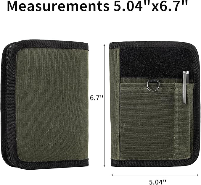 Field Notes Notebooks Cover for 3.5 X 5.5 Inch, Waxed Canvas Field Journal Covers With Notes Wallet, Water Resistant Journal Notebook Planner,Velcro Design and D-Ring Keychain (Army Green)