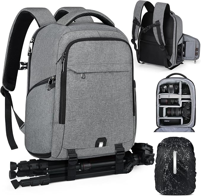 Camera Backpack Camera Bag for Photographers DSLR SLR Mirrorless Camera Cases with Waterproof Rain Cover & Laptop Compartment Fits 14 Inch Laptop,Anti Theft Travel photography backpack,Grey