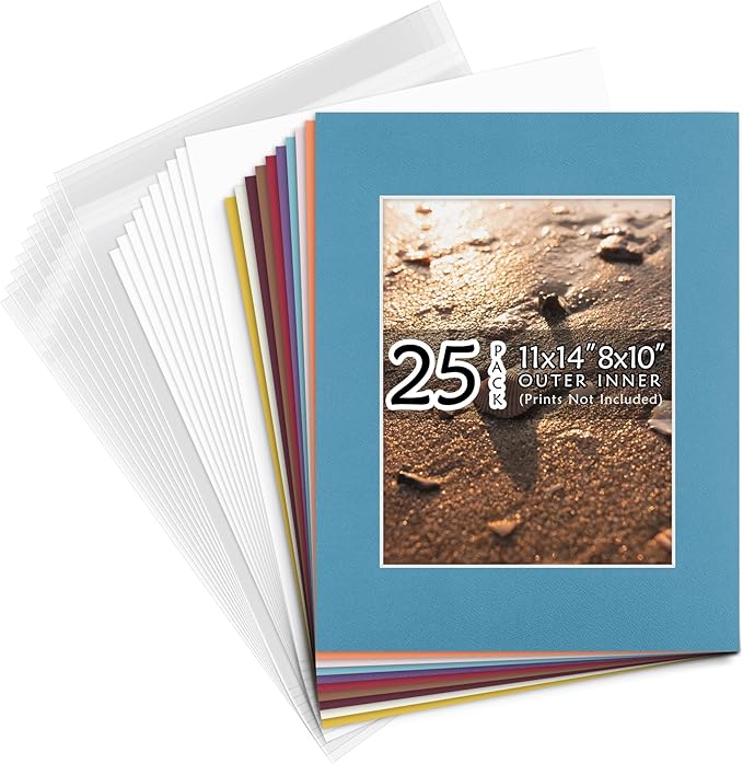 Golden State Art, Pack of 25 11X14 Various Colors Picture Mats Mattes With White Core Bevel Cut For 8X10 Photo + Backing + Bags