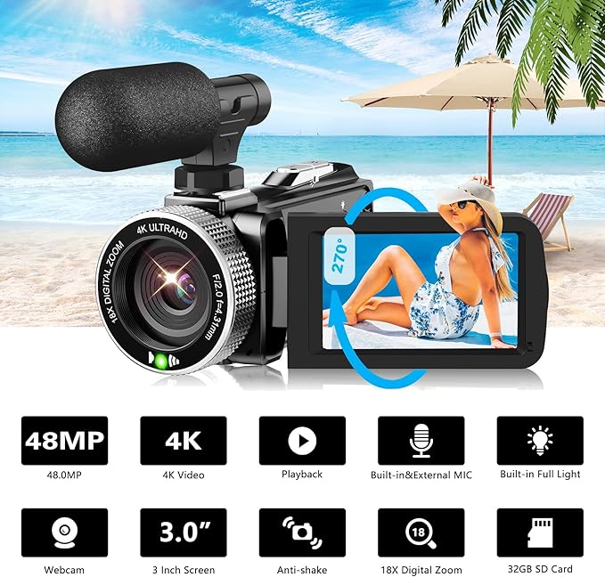 4K Video Camera Camcorder - 48MP 30FPS with Wireless Lavalier Mic & External Mic | 3" Ultra HD Screen, 18X Digital Zoom | Vlogging/YouTube Recorder + 32GB SD Card Included
