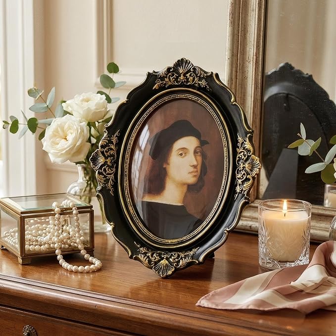 Cuspin 4x6 Oval Picture Frame, Vintage Ornate Baroque Black and Gold Resin Photo Frame with Glass Front, Wall Hanging or Tabletop Display