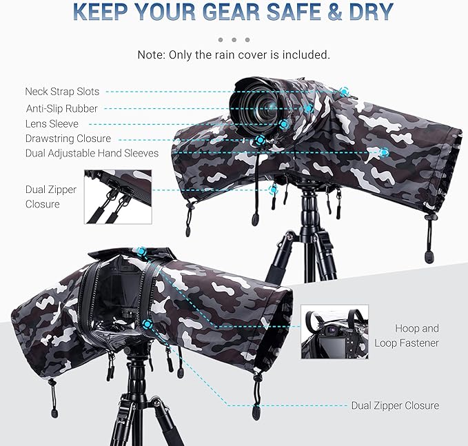JJC Camera Rain Cover Sleeve for Canon Nikon Sony Fujifilm Mirrorless Camera with Lens Below 7.1x5.5x9.1” (WxHxD), Nylon Camera Rain Coat Protector with Zippered See Through Windows-Camouflage Gray
