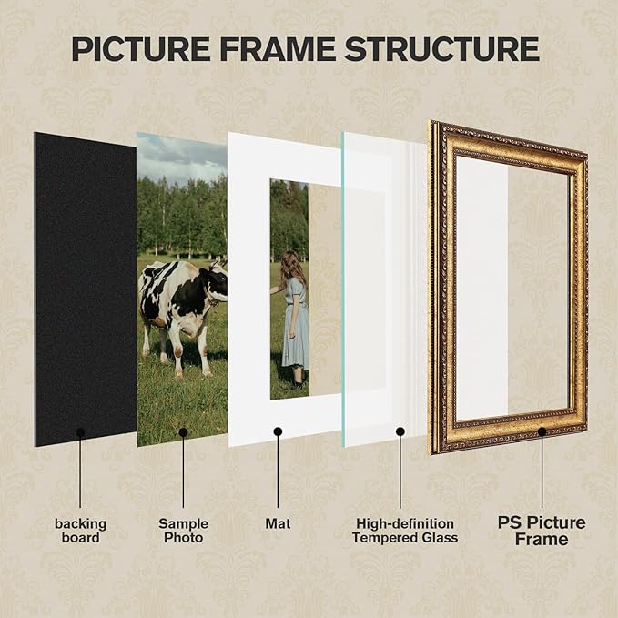11x14 Gold Picture Frame, 2 Pack Ornate Vintage Picture Frames for Wall or Tabletop Display, 11 x 14 Photo Frame Gold with Real Glass, Display Poster 8x10 with Mat or 11x14 without Mat for Antique Déco