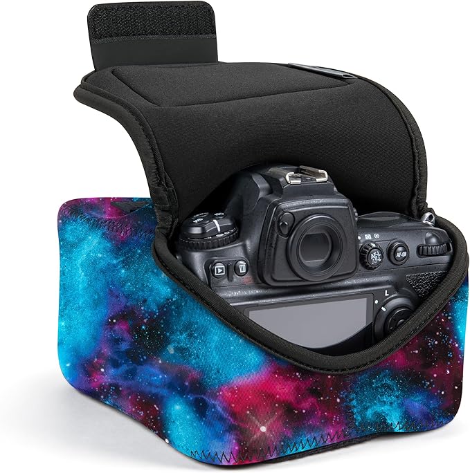 USA Gear Camera Sleeve (Large) for Mid-Size SLRs Compatible with Sony A7 V, Canon EOS R6 Mark II, Nikon Z50II & more - Padded Neoprene DSLR Case with Zipper Accessory Pocket & Belt Loop (Galaxy)