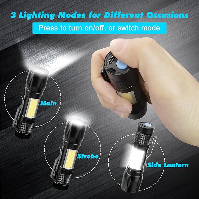KunHe 4 Pack Rechargeable Flashlights USB-C mini Small LED Lantern Flashlights Bright Clip-On Light EDC Flash Light with Side COB Light for Camping Home Emergency