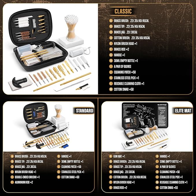 GLORYFIRE Gun Cleaning Kit Fits .22 .357/9mm .38 .40 .45 Cal Universal Handguns & Pistols Compact Carrying Case for Portability Multiple Styles with Brass or Plastic Jags & Tips for Shooting and Range