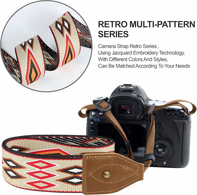 Padwa Lifestyle Camera Strap - Classic Crazy Horse Art Cowhide Leather Ends Camera Strap for Photographers, Unique 2" Vintage Embroidered Cotton Strap Adjustable for All DSLR Cameras(Red Rhombus)