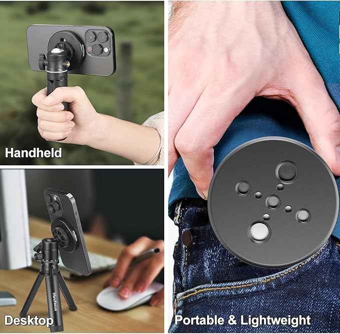MINIFOCUS Magsafe Tripod Adapter, Magnetic Phone Tripod Mount Adapter with 1/4" Holes, Compatible with MagSafe Sticker for iPhone 17/16/15/14/13/12 Pro/Pro Max/Mini & More Phone