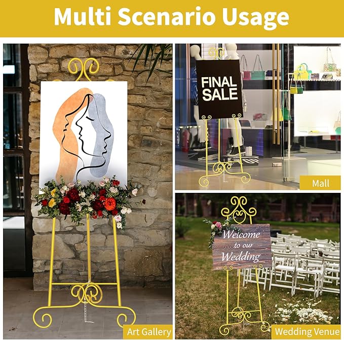 Gold Easel Stand for Sign, Vintage Decorative Adjustable Floor Metal Display Easel with Chain Support for Wedding Signs, Art, Posters, Pictures, Welcome Signs, Suitable for Home, Parties, Galleries