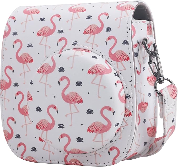 Frankmate Protective Case Compatible with Fujifilm Instax Mini 12 11 9 8 Instant Film Camera with Pocket and Adjustable Strap (Pink Flamingo)