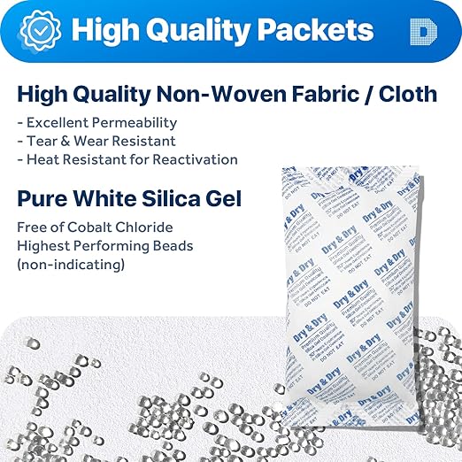 Dry & Dry 300 Gram [30 Packets] Silica Gel Packets Desiccants, Silica Packets - Rechargeable Silica Gel Packs, Desiccants Packets, Silica Gel