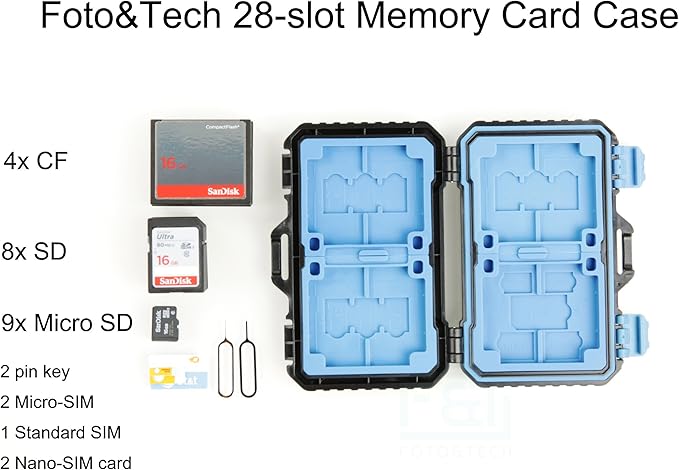 Foto&Tech High Capacity Multi-Format Storage Case - 28 Slot Waterproof Case for SD, CF, TF Cards; Includes Micro SD, SIM Card Holders