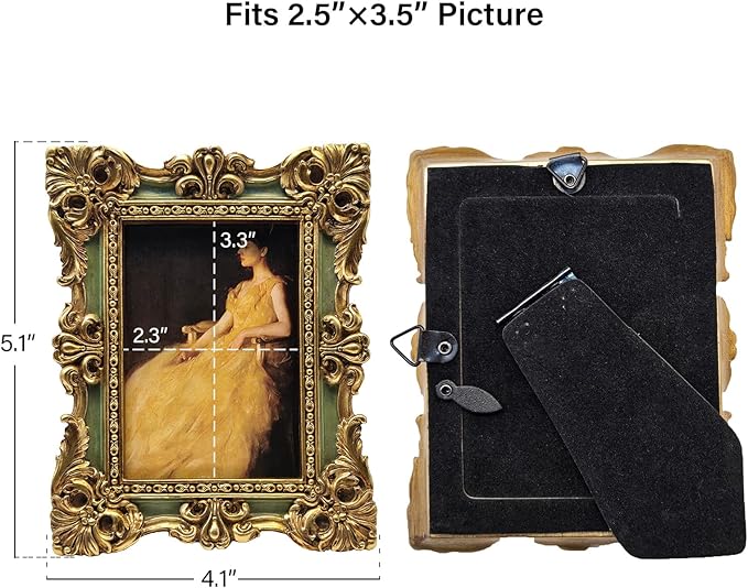 CISOO 2.5x3.5 Vintage Small Picture Frame, Antique Ornate Green and Gold Wallet Size Photo Frame, for Table Top and Wall Display, Decorative Floral Design Retro Home Decor, Photo Gallery Art