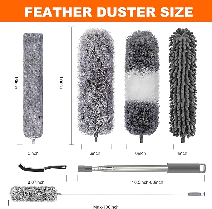 Professional Microfibre Dusters for Cleaning | Duster with Extension 100" | Cobweb Remover Duster Kit with 4 Washable Heads | Bendable Feather Duster for High Ceilings,Fans & Hard-to-Reach Areas,7PCS