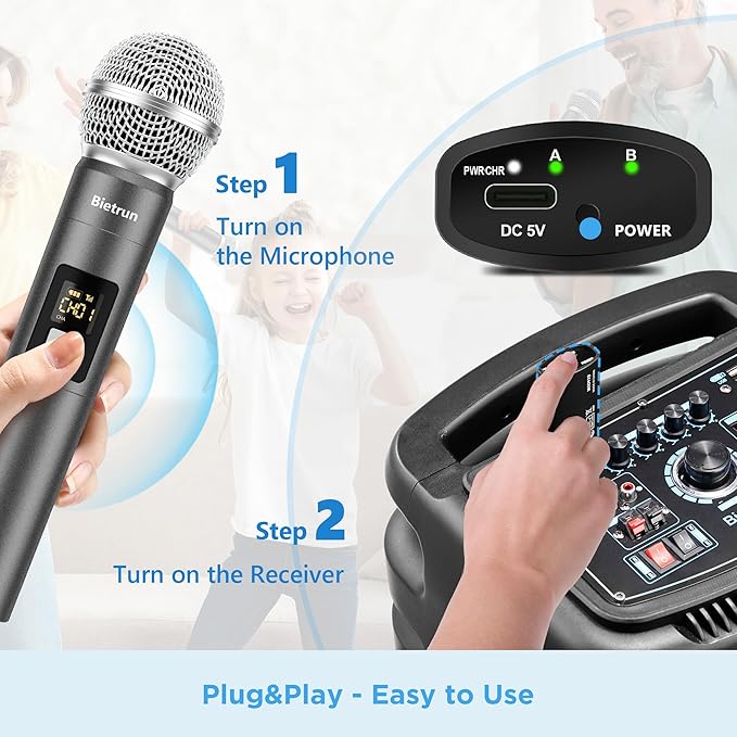 Bietrun Wireless Microphone, UHF Single Handheld Cordless Dynamic Metal Mic Set with Rechargeable Receiver, 1/4'' Plug Output, for Karaoke, Church, Wedding, Party Singing(98 ft Range)(Auto Connect)