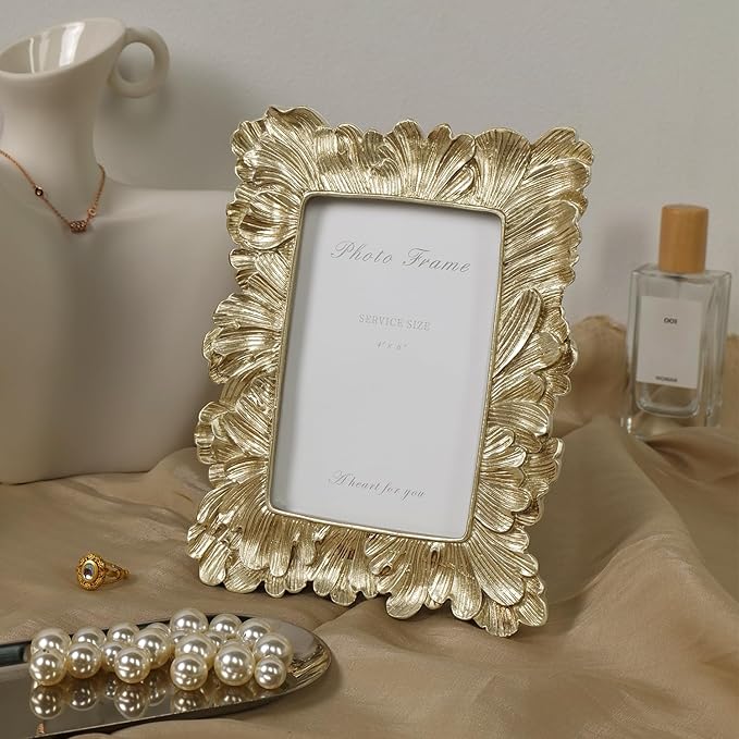 Cuspin Vintage 4x6 Picture Frame, Gold Frames Palm Leaves Textured Hand-Crafted Resin with Glass Front, Elegant Retro Photo Frame for Wall Hanging and Tabletop Display Home Decor