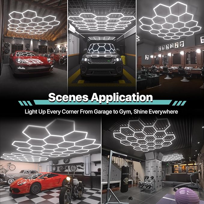 Hexagon Garage Lights: 581W 83 Pack 22 Grids LED Garage Lights - Easy Install 6500K Super Bright Honeycomb Light for Warehouse, Car Detailing Shop, Exhibition Hall, Gym