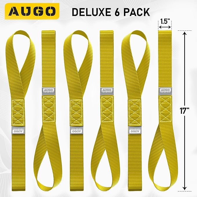 AUGO Heavy Duty Soft Loops –Pack of 6-1.5” x 17” Tie Down Anchor Straps for Use w/Ratchet Strap Hooks – 3000Lb Load Capacity & 10,000Lb Break Strength – Great for Motorcycle, Bike, Roof Rack, Etc.