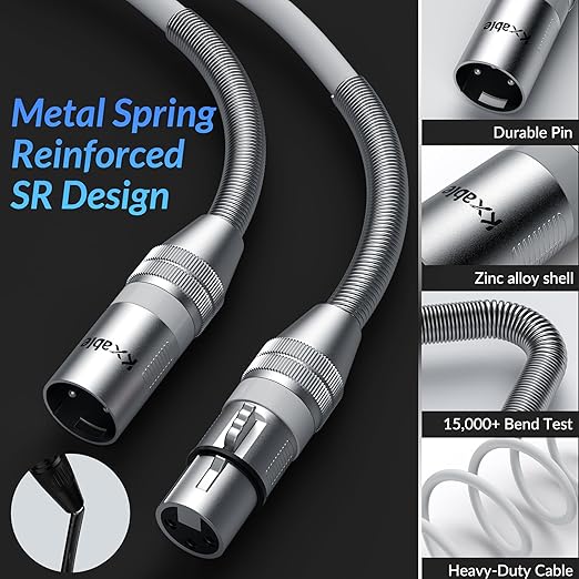 XLR Microphone Cable 50 FT, XLR Male to Female Balanced Mic Cable, 3-Pin Shielded Speaker Cord, Zinc Alloy Connectors, 22AWG Pure Copper, Metal Spring SR, Recording Studio, Podcast, White