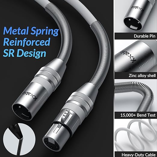 XLR Microphone Cable 30 FT, XLR Male to Female Balanced Mic Cable, 3-Pin Shielded Speaker Cord, Zinc Alloy Connectors, 22AWG Pure Copper, Metal Spring SR, Recording Studio, Podcast, White