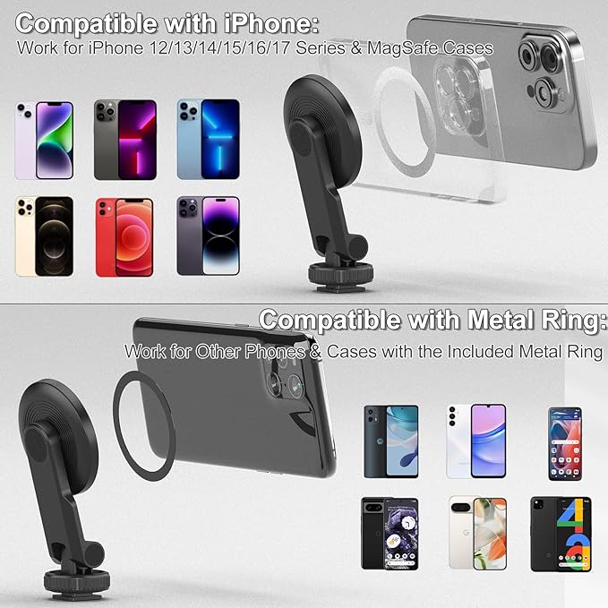 MINIFOCUS Magnetic Phone Tripod Mount for Magsafe, Hot Shoe Camera Adapter with 1/4" Threaded, Cold Shoe Phone Holder for Camera, Compatible with iPhone 17/16/15/14/13 Series